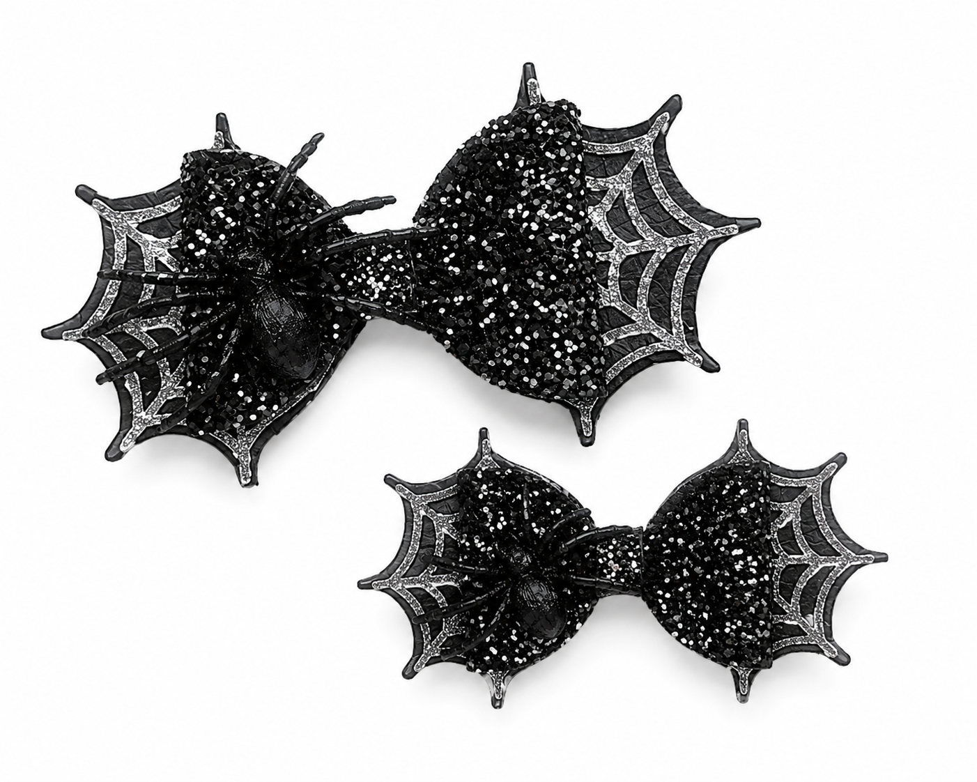 Black glitter spider web Halloween hair bow handmade from faux leather for girls.