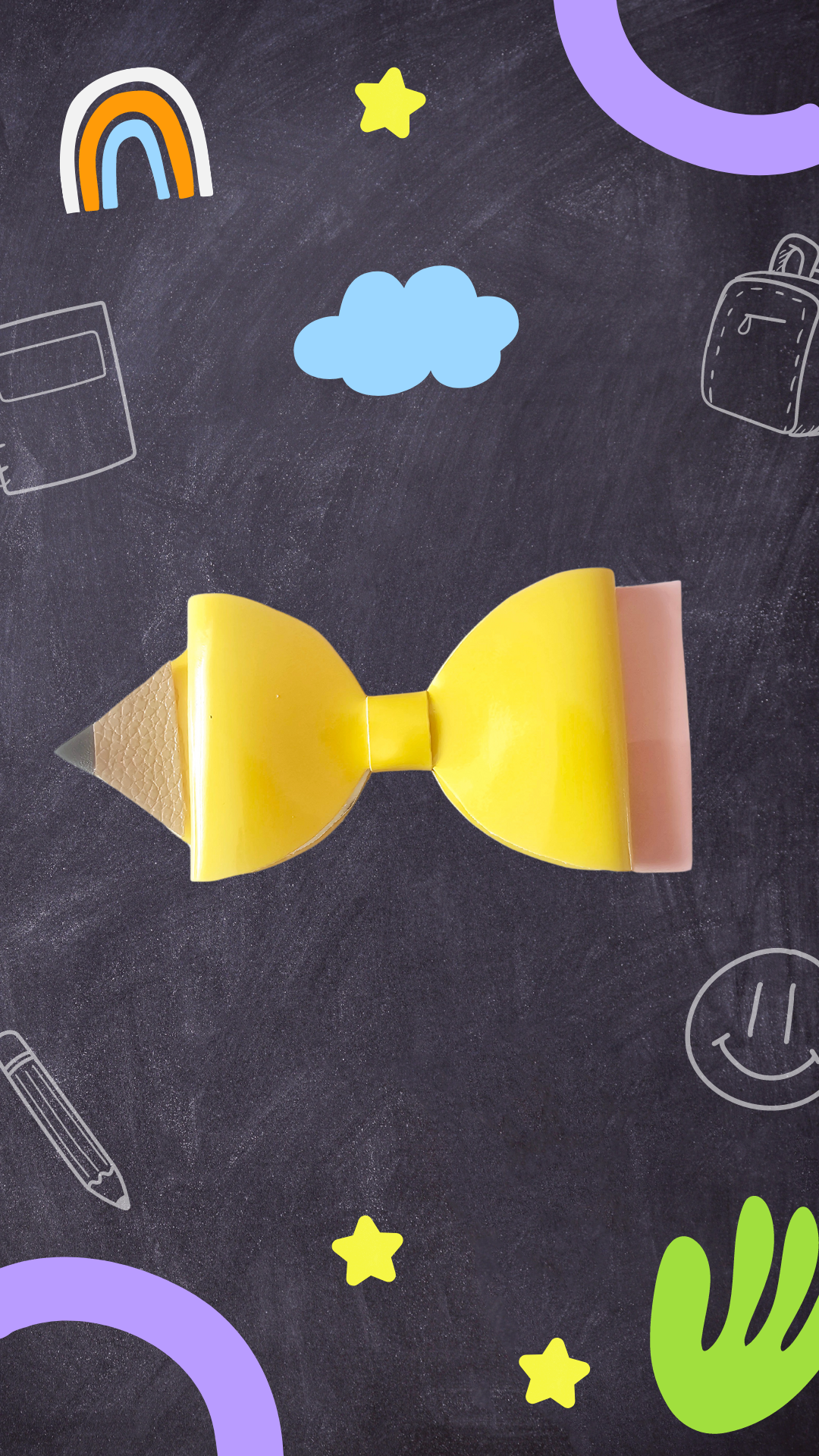 Handmade classic yellow pencil hair bow for girls, perfect for back-to-school outfits, picture day, and the first day of school.