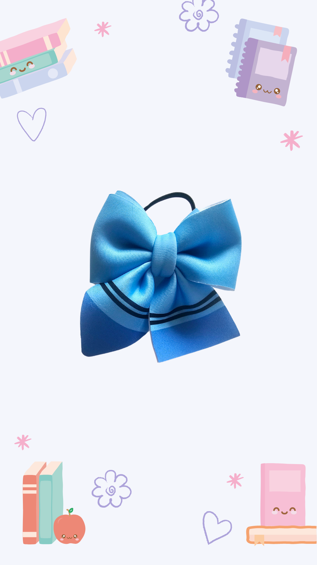 Handmade blue hair bow ponytail holder for girls, perfect for back-to-school outfits and the first day of school. 