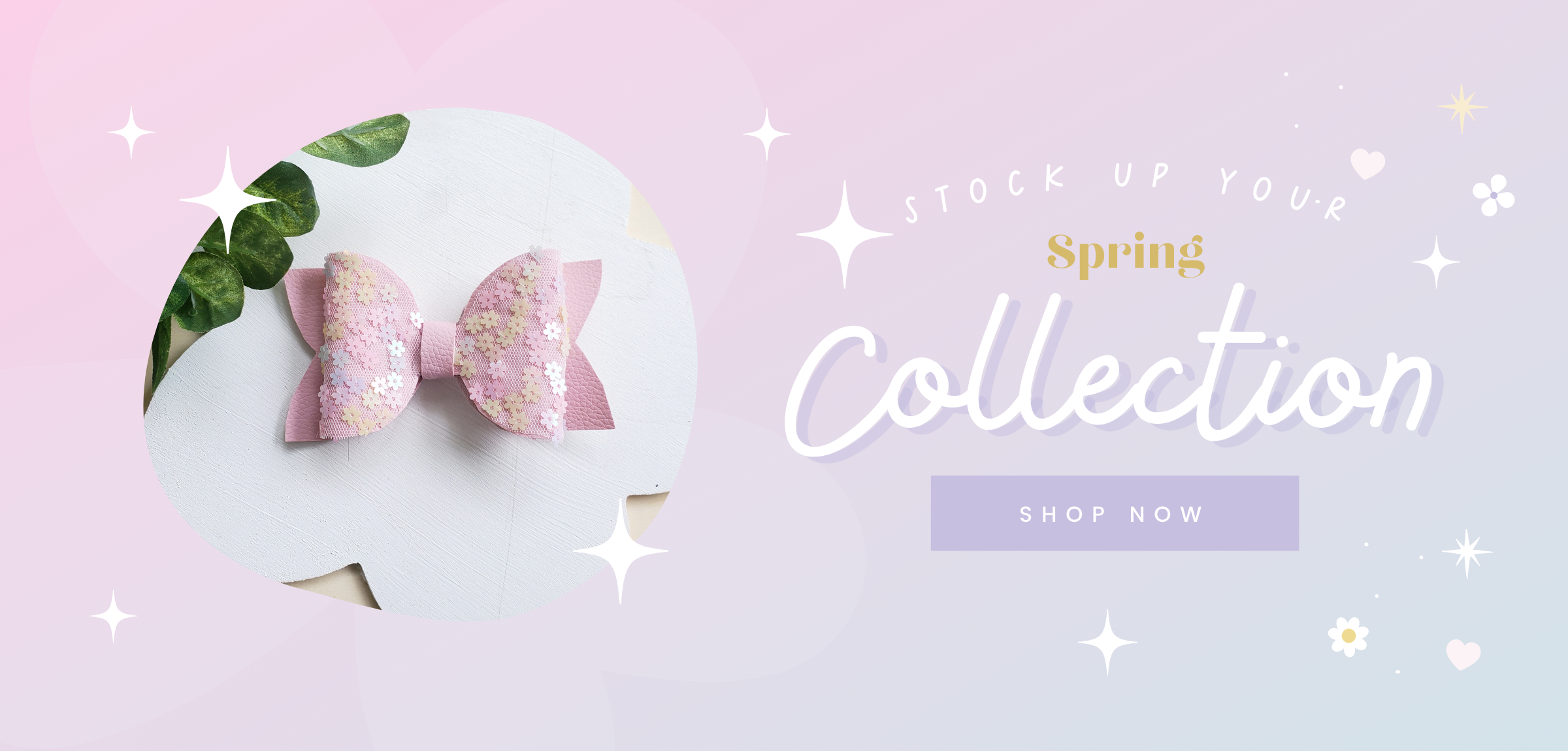 Pink hair bow with gold glitter on a pink and white background with text 'Spring Collection' and 'Shop Now'.