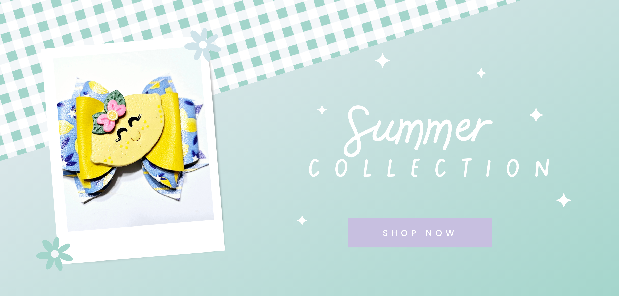 Promotional banner for a 'Summer Collection' with a yellow character and floral elements on a hair bow accessory with a light blue background.