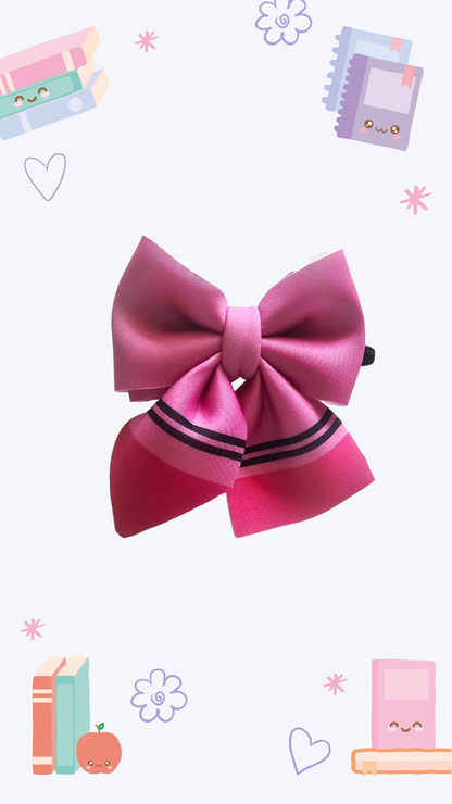 Handmade pink hair bow ponytail holder for girls, perfect for back-to-school outfits and the first day of school. 
