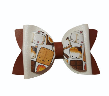 Handmade Sweet S'mores faux leather hair bow with matching snap clip featuring a cozy campfire marshmallow print for babies, toddlers, and girls.