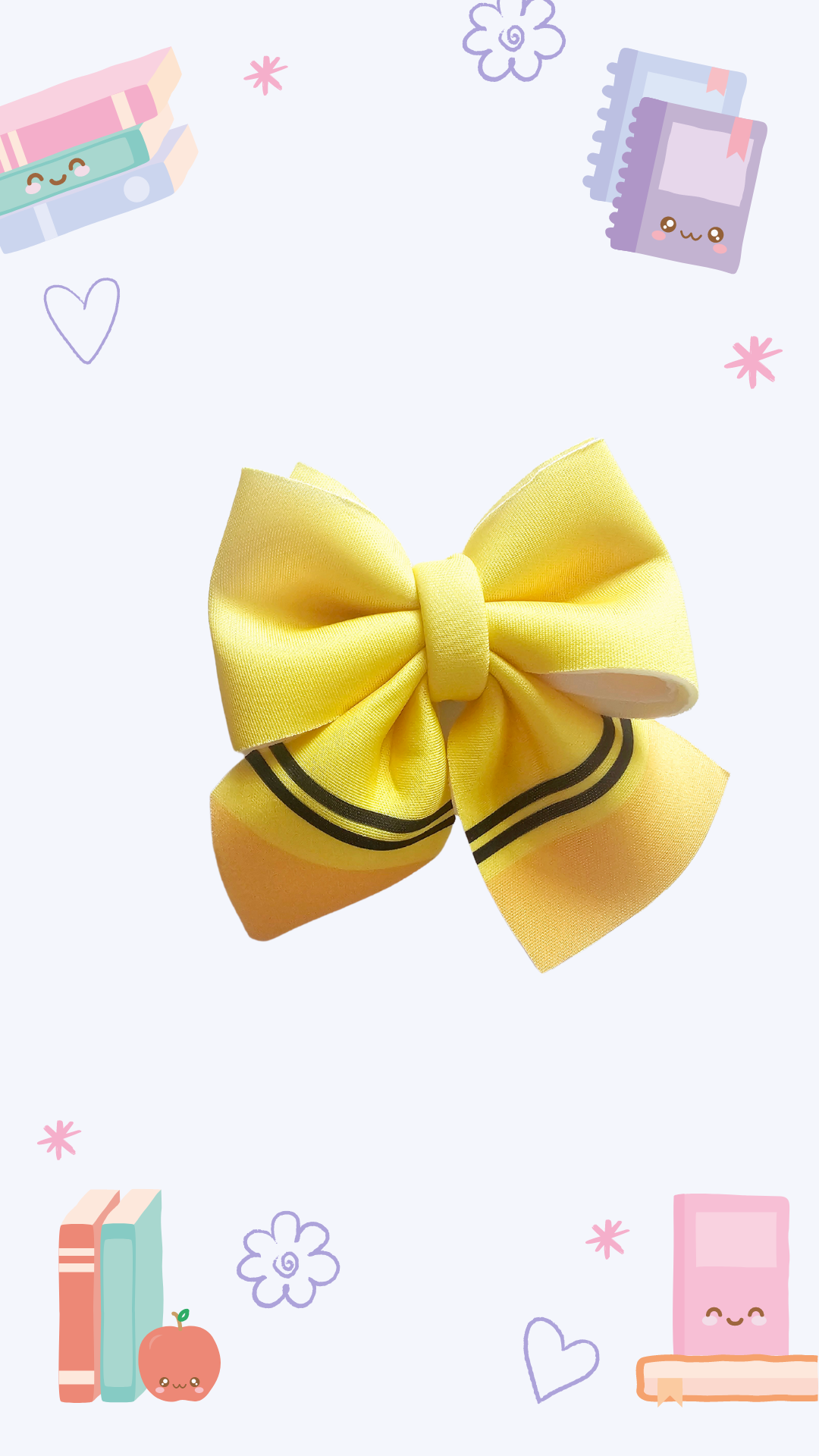 Handmade yellow hair bow ponytail holder for girls, perfect for back-to-school outfits and the first day of school. 