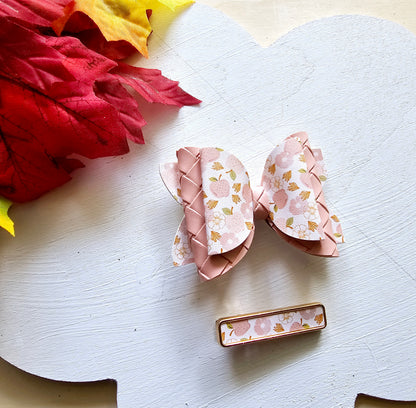 Handmade Apple Picking faux leather hair bow with matching blush pink snap clip featuring an apple print for babies, toddlers, and girls.