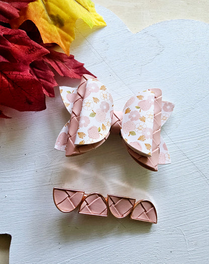 Handmade Apple Picking faux leather hair bow with matching blush pink snap clip featuring an apple print for babies, toddlers, and girls.
