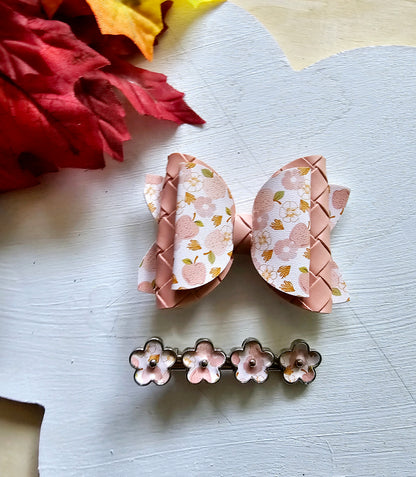 Handmade Apple Picking faux leather hair bow with matching blush pink snap clip featuring an apple print for babies, toddlers, and girls.