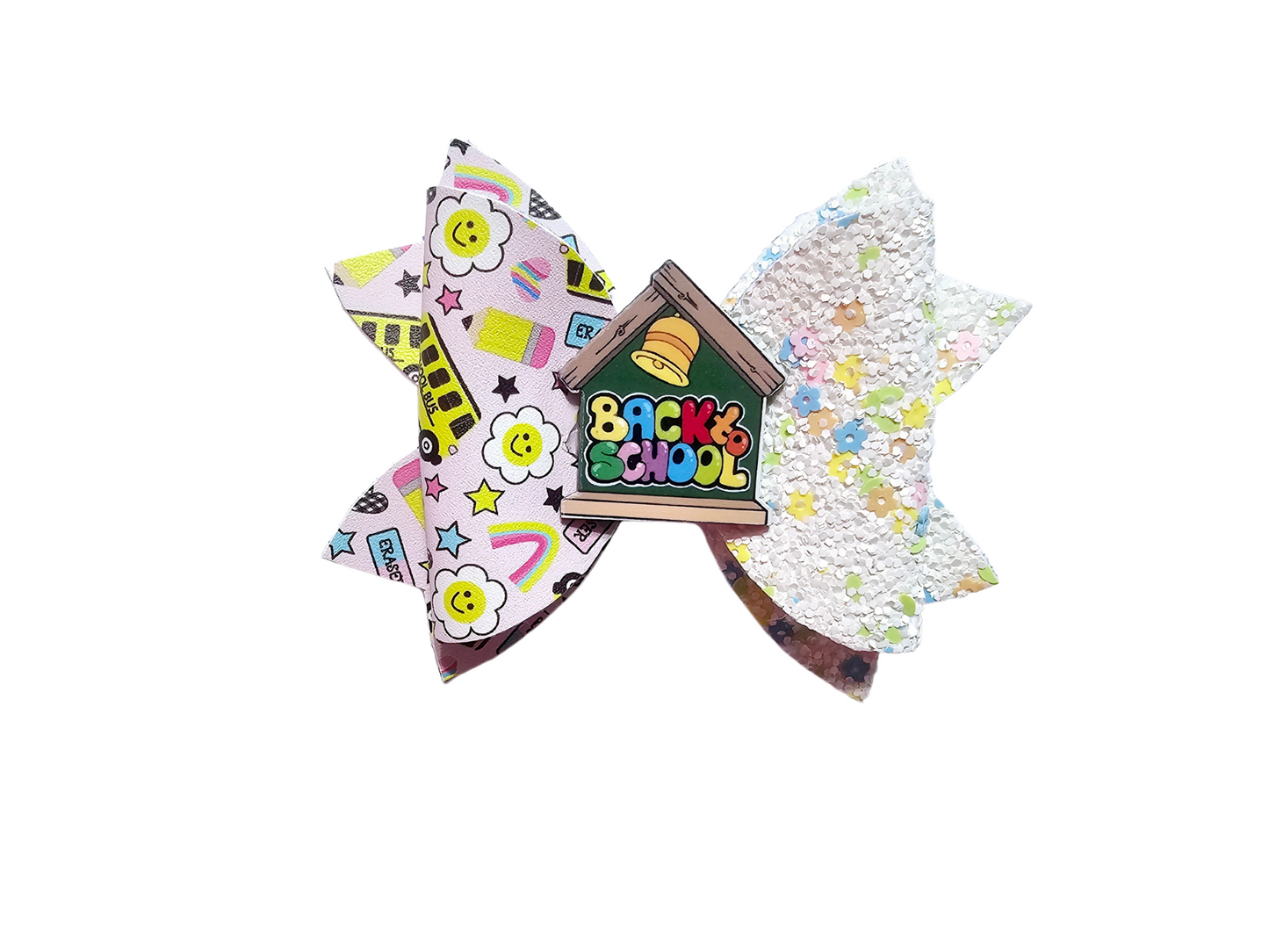 Handmade back-to-school accessory set featuring a matching purse, hair bow, and wristlet for girls, perfect for the first day of school.