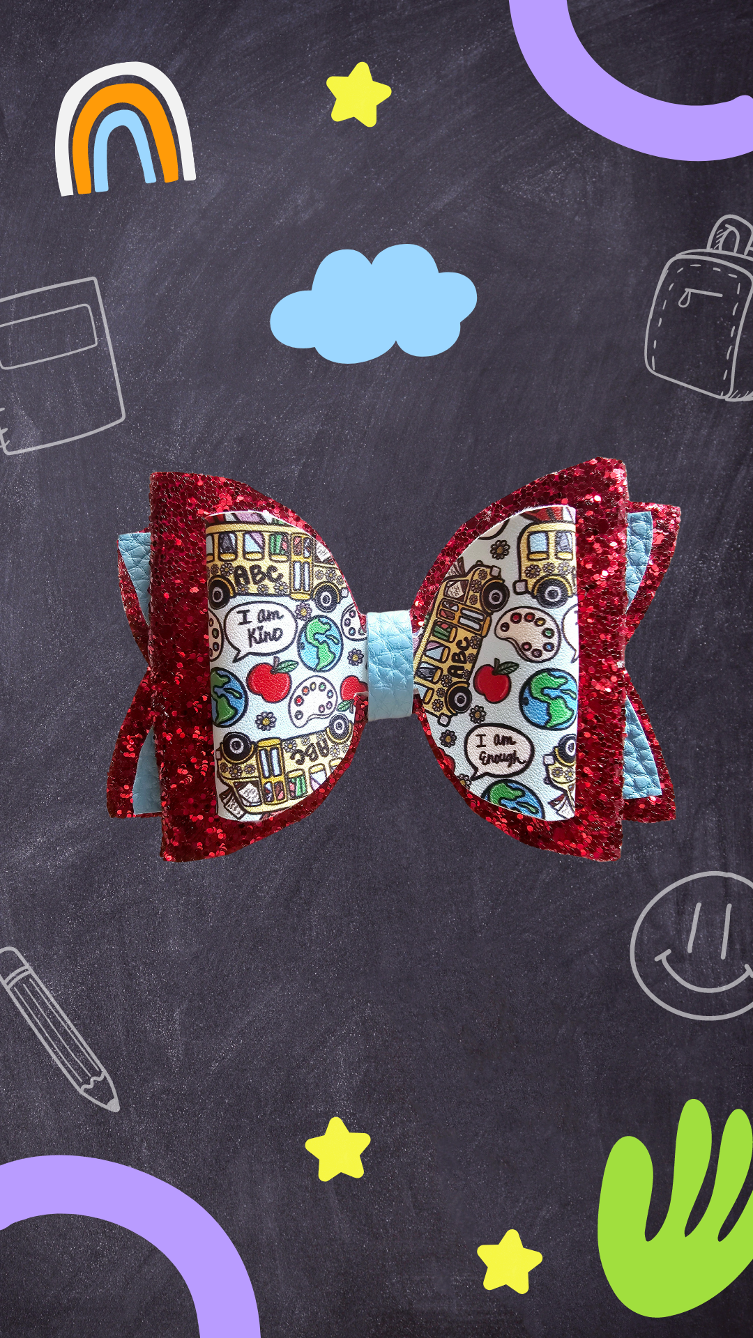 Handmade back-to-school hair bow for girls, perfect for first-day-of-school outfits, picture day, and everyday school wear.