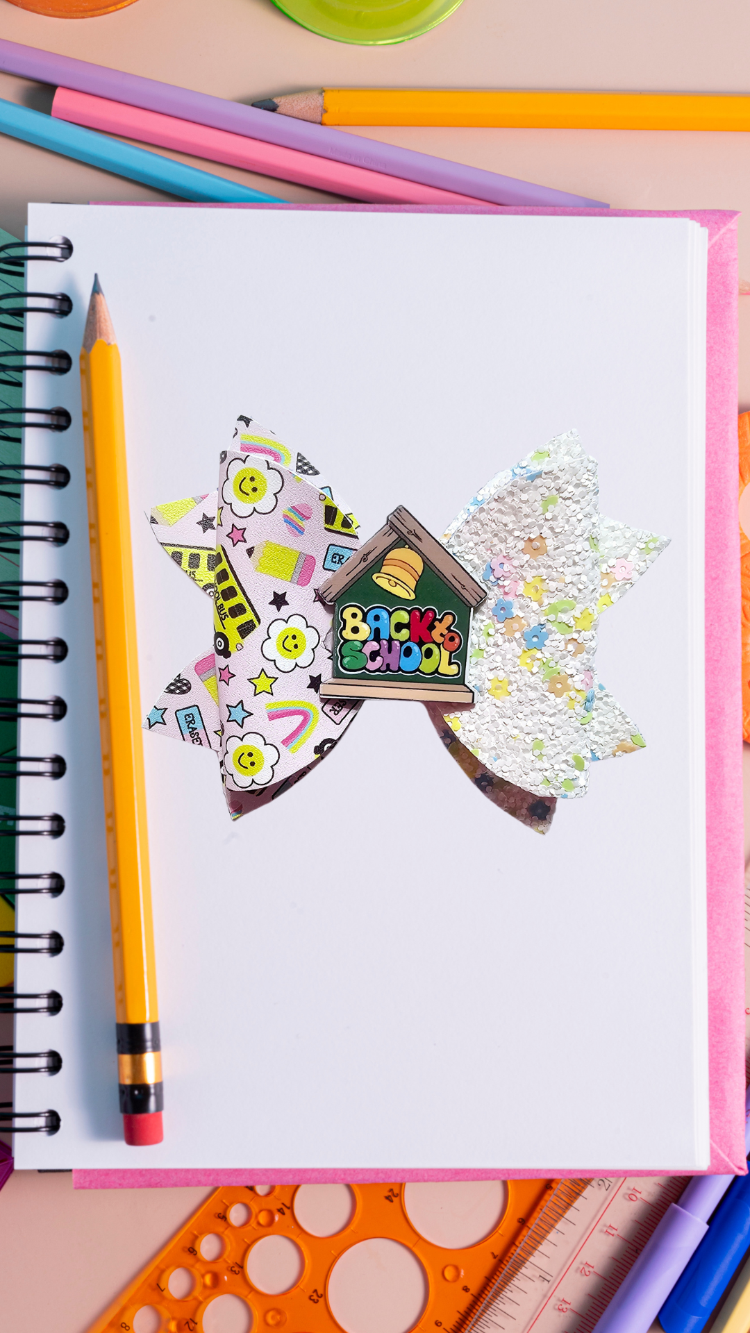 Handmade back-to-school accessory set featuring a matching purse, hair bow, and wristlet for girls, perfect for the first day of school.