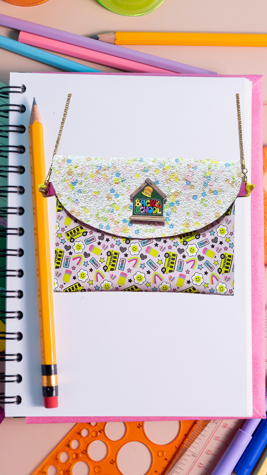 Handmade back-to-school accessory set featuring a matching purse, hair bow, and wristlet for girls, perfect for the first day of school.