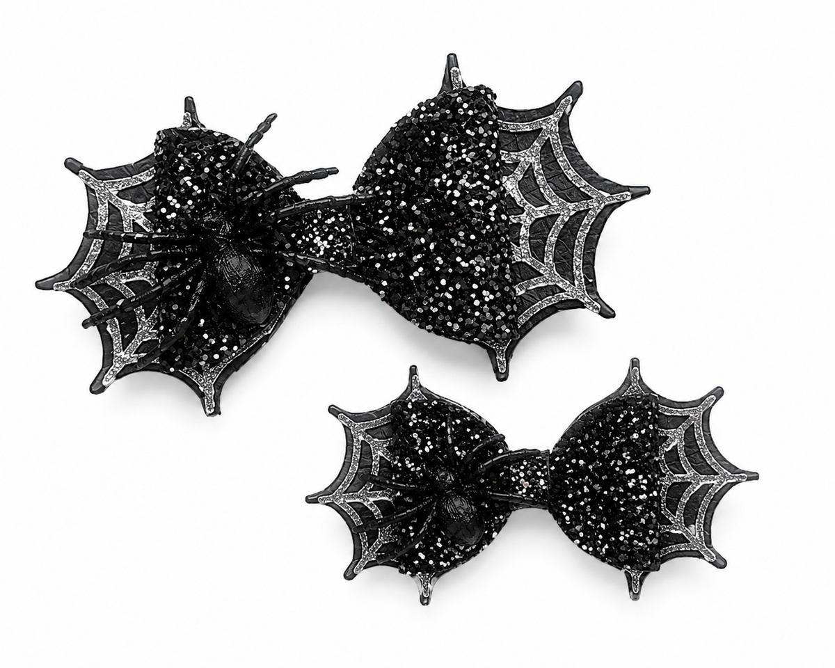 Black glitter spider web Halloween hair bow handmade from faux leather for girls.
