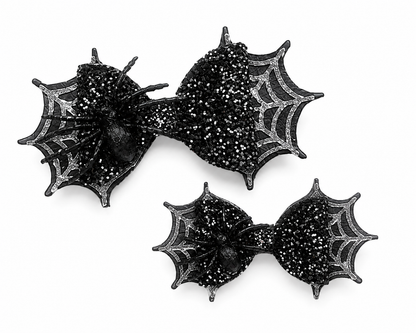 Black glitter spider web Halloween hair bow handmade from faux leather for girls.