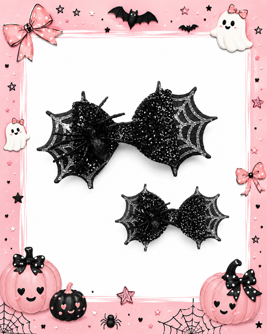 Black glitter spider web Halloween hair bow handmade from faux leather for girls.