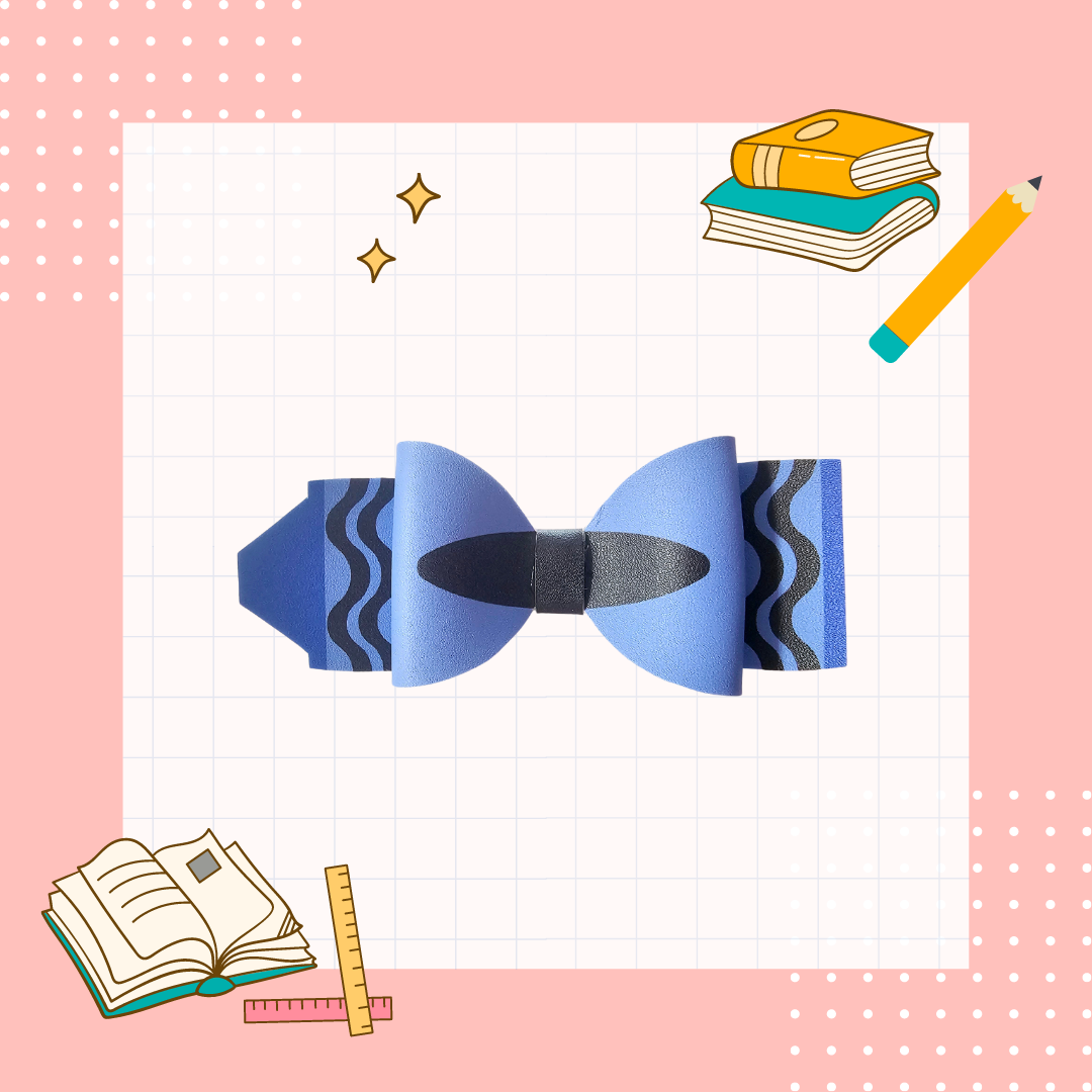 Handmade crayon hair bow for girls, perfect for back-to-school outfits, picture day, and preschool students.