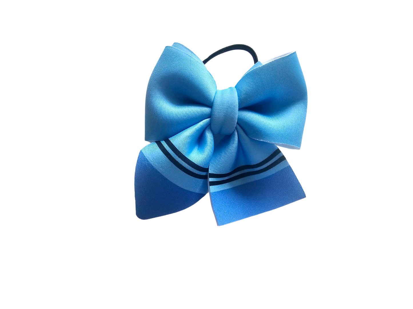 Handmade blue hair bow ponytail holder for girls, perfect for back-to-school outfits and the first day of school. 