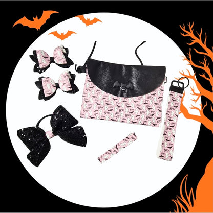 Handmade Boo Bats Halloween purse gift set featuring a matching purse, large hair bow, two mini bows, wristlet, and ponytail holder for girls.