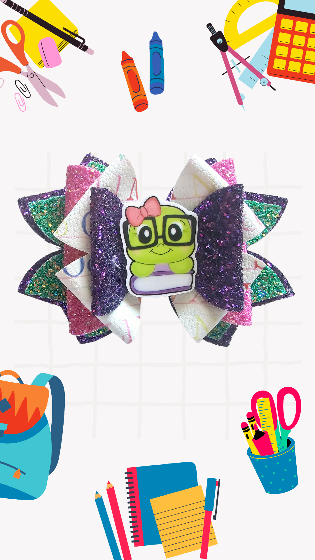 Handmade bookworm hair bow with glitter faux leather layers for girls, perfect for back-to-school outfits, picture day, and young readers.  