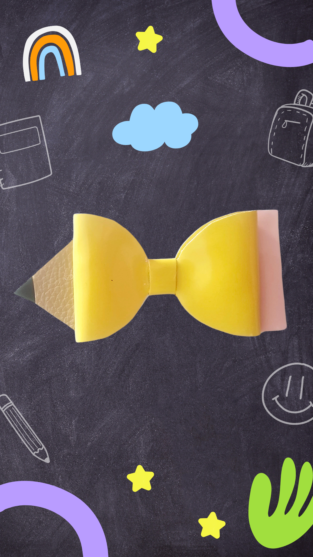 Handmade classic yellow pencil hair bow for girls, perfect for back-to-school outfits, picture day, and the first day of school.