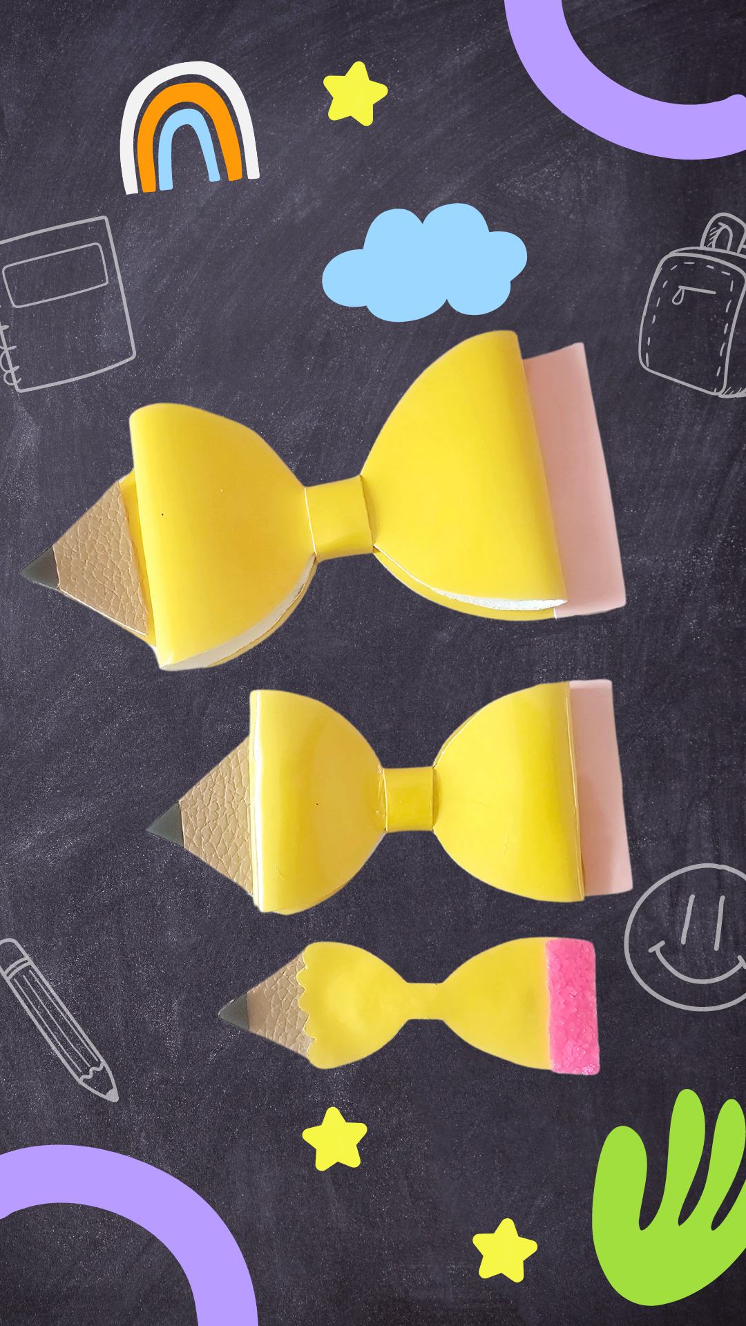 Handmade classic yellow pencil hair bow for girls, perfect for back-to-school outfits, picture day, and the first day of school.