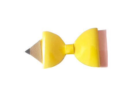 Handmade classic yellow pencil hair bow for girls, perfect for back-to-school outfits, picture day, and the first day of school.
