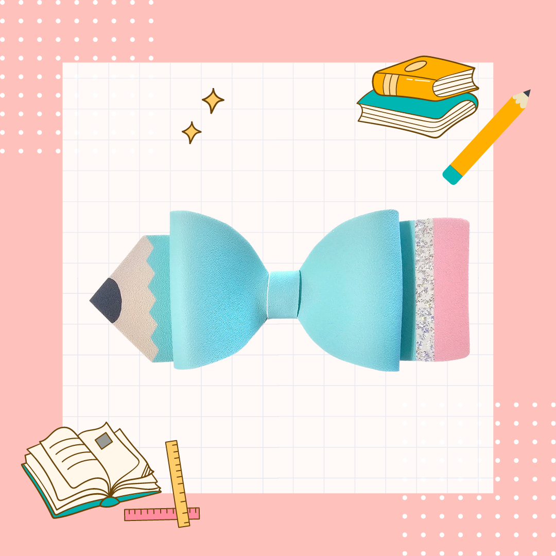 Handmade colored pencil hair bow for girls, perfect for back-to-school outfits, picture day, and creative students.