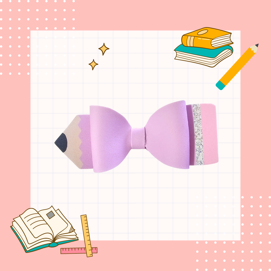 Handmade colored pencil hair bow for girls, perfect for back-to-school outfits, picture day, and creative students.