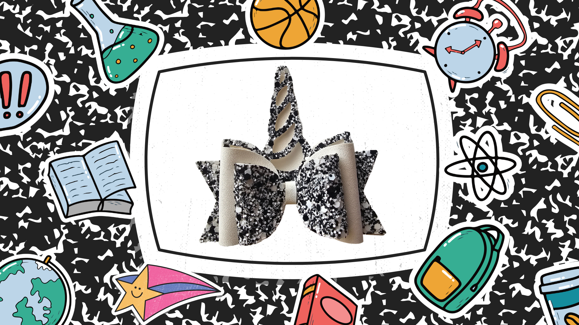 Handmade composition notebook unicorn hair bow for girls, perfect for back-to-school outfits, picture day, and unicorn lovers.