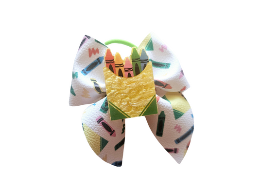 Handmade Crazy Crayon ponytail holders for girls, featuring playful crayon designs perfect for back-to-school outfits, picture day, and everyday school wear.
