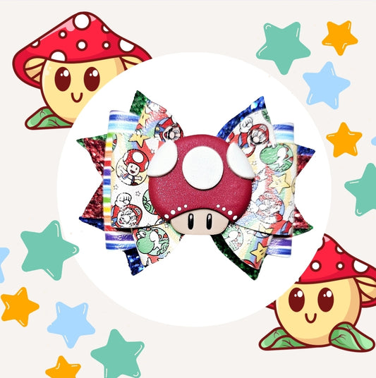 Cute handmade mushroom hair bow with colorful gaming-inspired print and large boutique style.