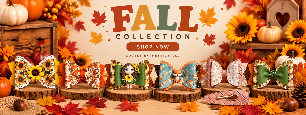 Shop the Lovely Expression LLC Fall Collection featuring handmade fall hair bows with sunflower, floral, fox, and autumn-inspired designs for girls.