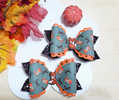 Handmade Fox in the Fall faux leather boutique hair bow with woodland fox print for babies, toddlers, and girls.