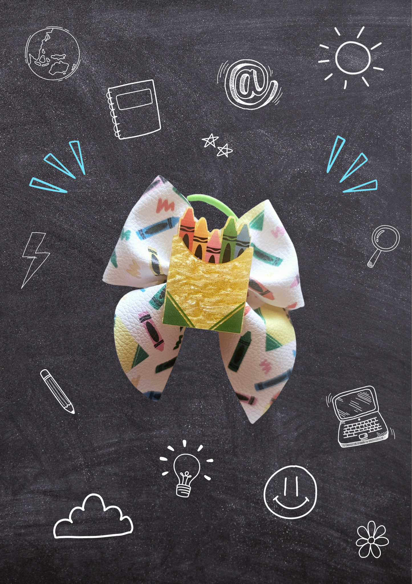 Handmade Crazy Crayon ponytail holders for girls, featuring playful crayon designs perfect for back-to-school outfits, picture day, and everyday school wear.