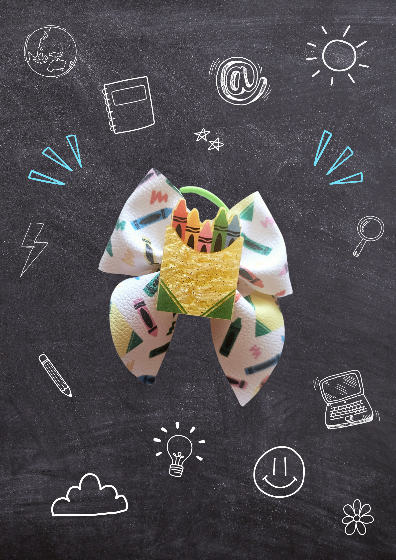 Handmade Crazy Crayon ponytail holders for girls, featuring playful crayon designs perfect for back-to-school outfits, picture day, and everyday school wear.