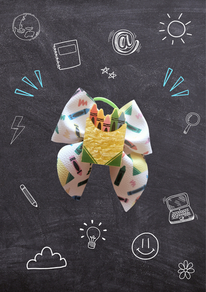 Handmade Crazy Crayon ponytail holders for girls, featuring playful crayon designs perfect for back-to-school outfits, picture day, and everyday school wear.
