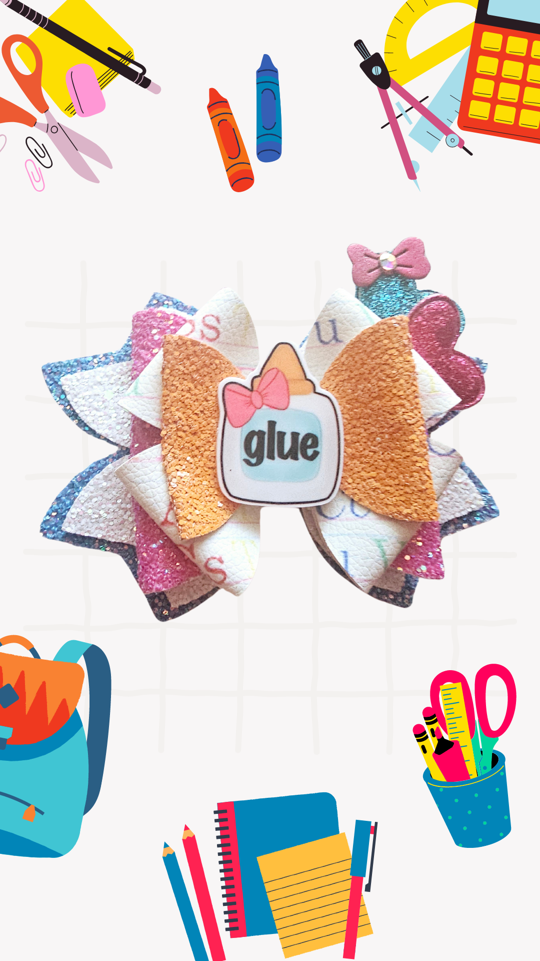 Handmade school glue hair bow for girls, perfect for back-to-school outfits, picture day, and school-themed accessories.
