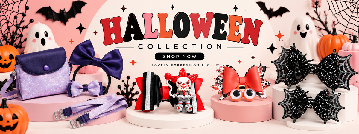 Lovely Expression LLC Halloween Collection banner featuring handmade Halloween hair bows, purses, headbands, and accessories displayed with cute ghosts, pumpkins, bats, and spiderweb decorations in a bright spooky boutique theme.