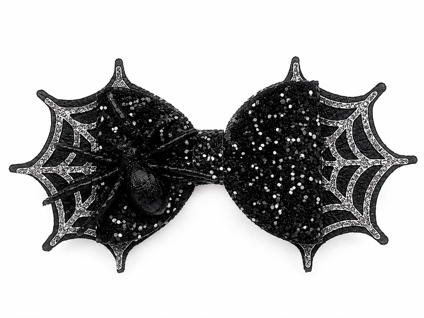 Black glitter spider web Halloween hair bow handmade from faux leather for girls.