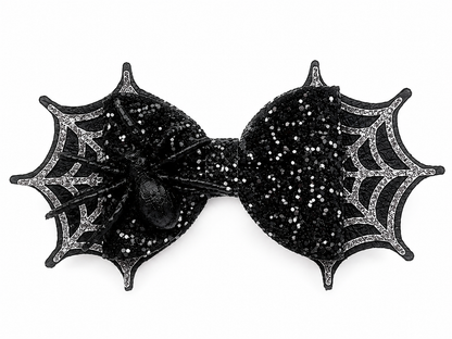 Black glitter spider web Halloween hair bow handmade from faux leather for girls.