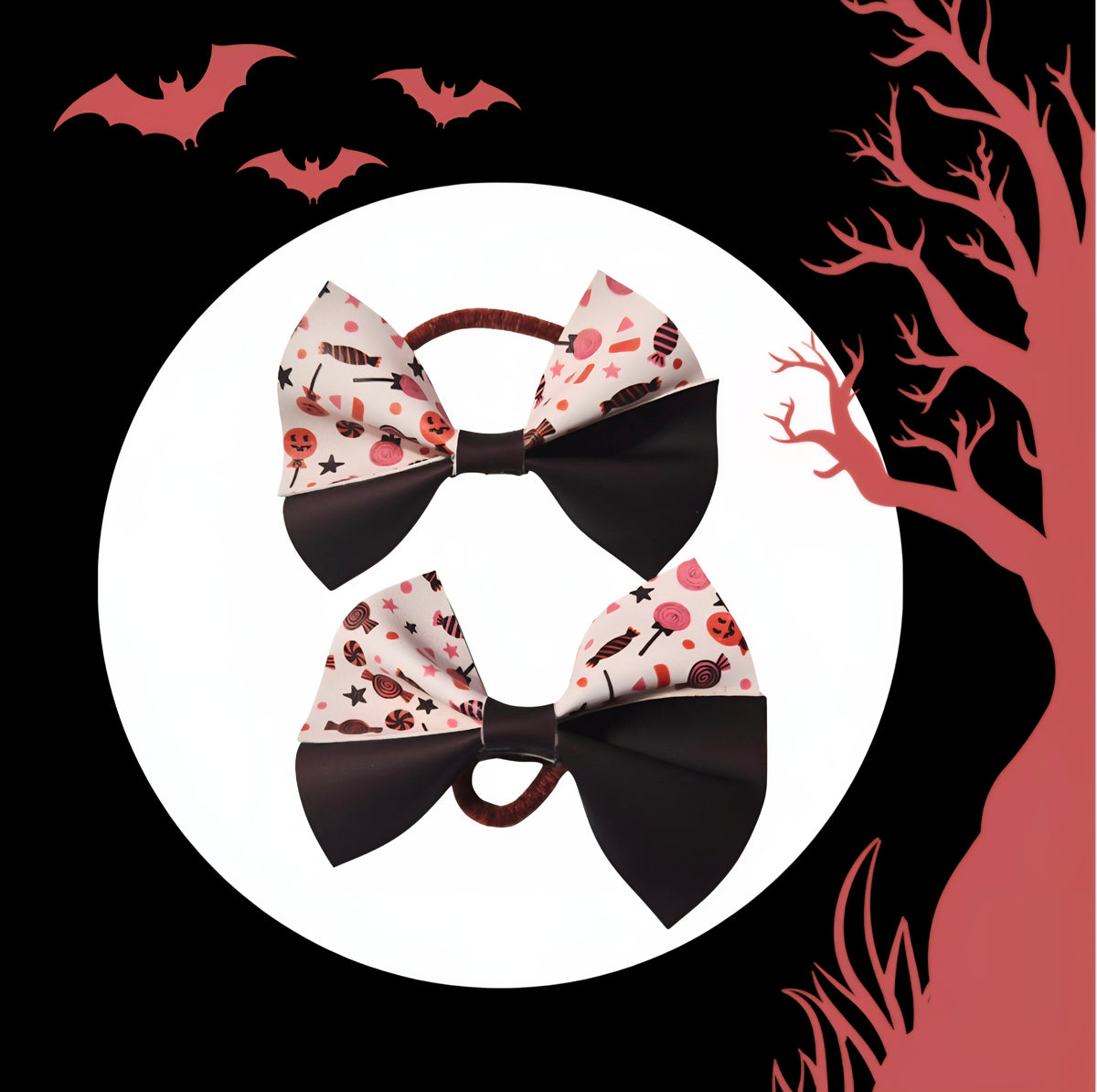 Heat changing Halloween candy hair bow handmade for girls featuring colorful candy print.