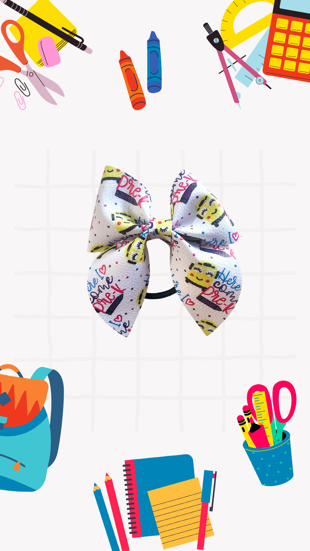 Handmade "Here I Come Pre-K" ponytail holder for girls, perfect for the first day of Pre-K and back-to-school photos.
