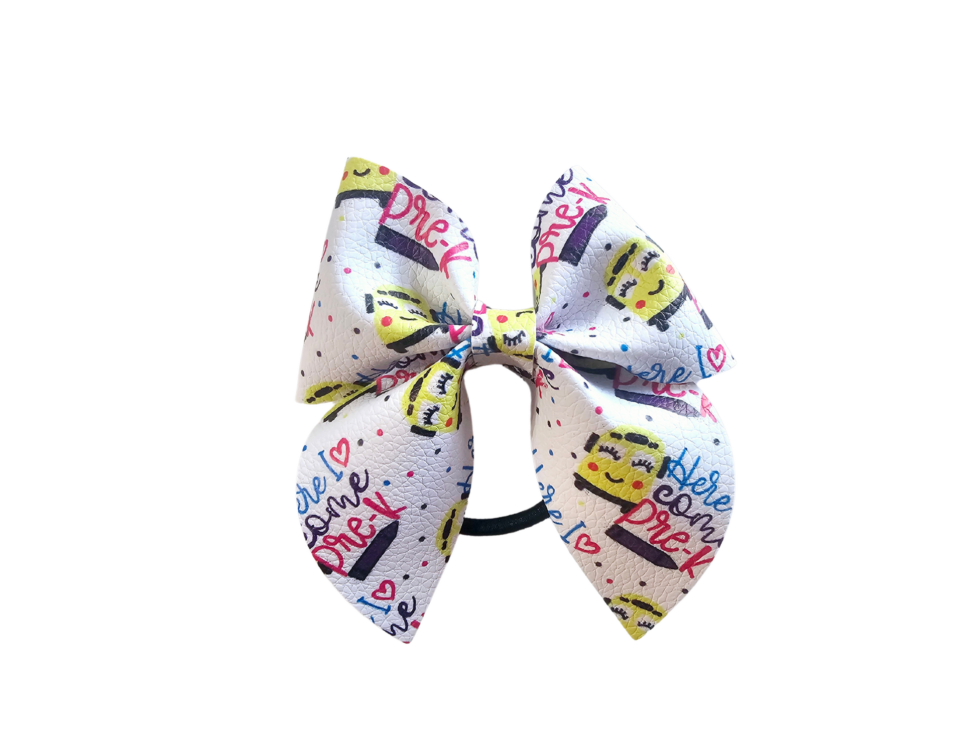 Handmade "Here I Come Pre-K" ponytail holder for girls, perfect for the first day of Pre-K and back-to-school photos.