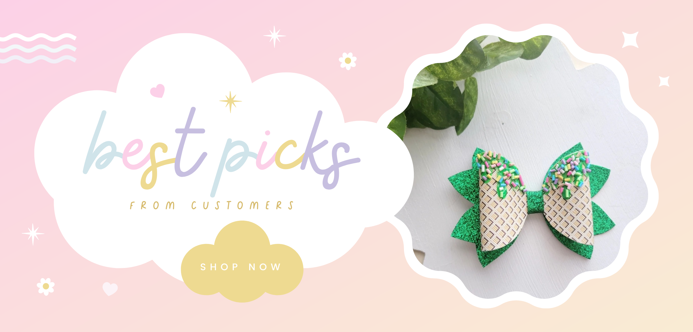 Green hair bow-shaped hair accessories on a white cloud with 'best picks from CutieMates' text and a pink background.