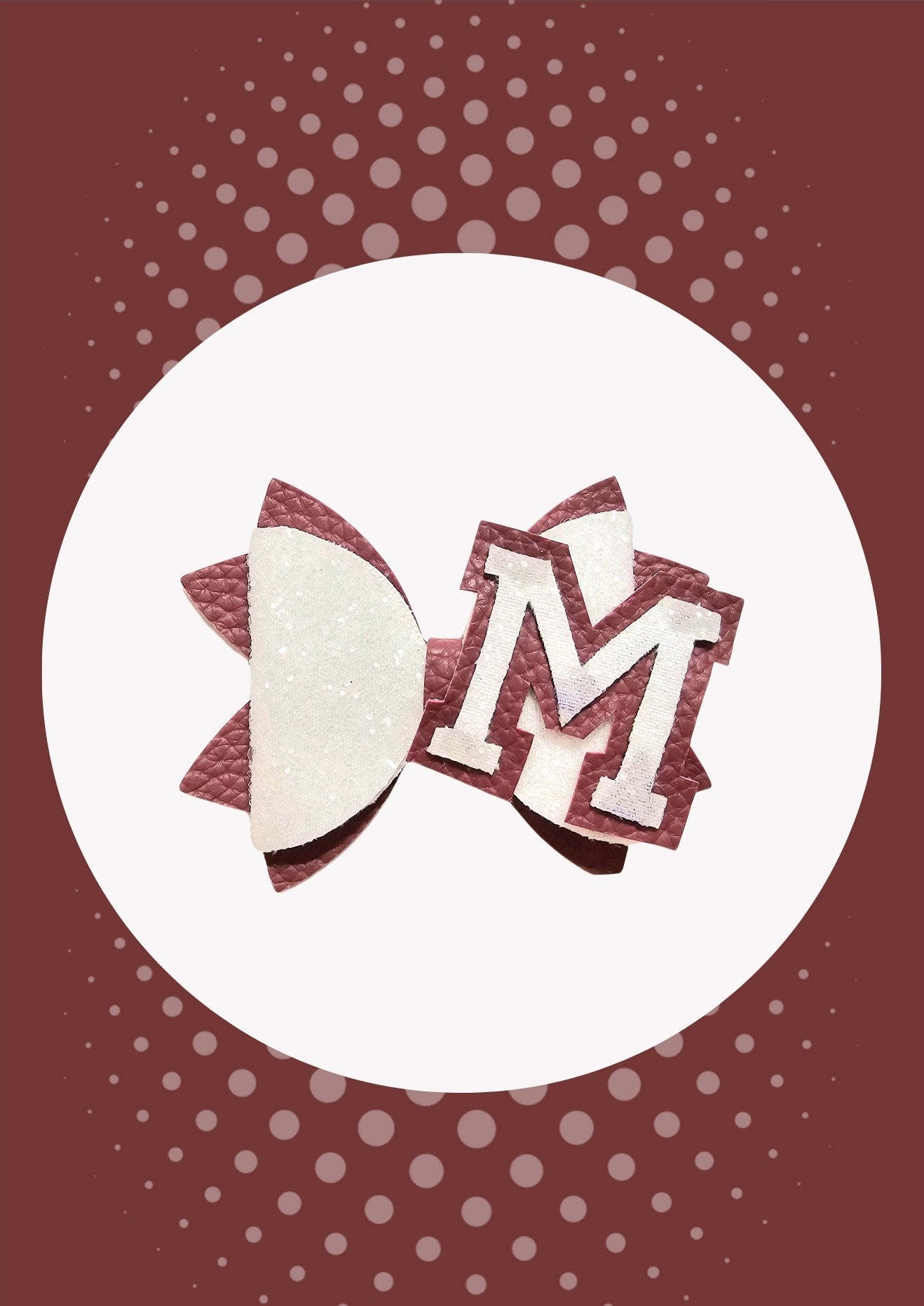 Handmade faux leather Letter M hair bow with glitter initial for girls, perfect for school, birthdays, and everyday wear.