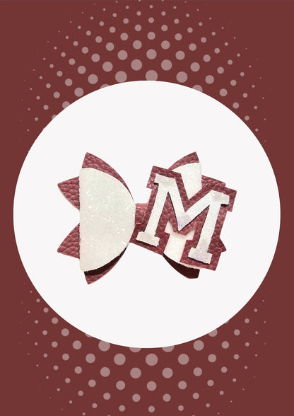Handmade faux leather Letter M hair bow with glitter initial for girls, perfect for school, birthdays, and everyday wear.