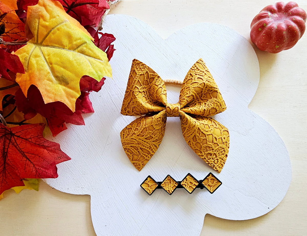 Handmade yellow lace faux leather ponytail holder with matching hair clips for girls