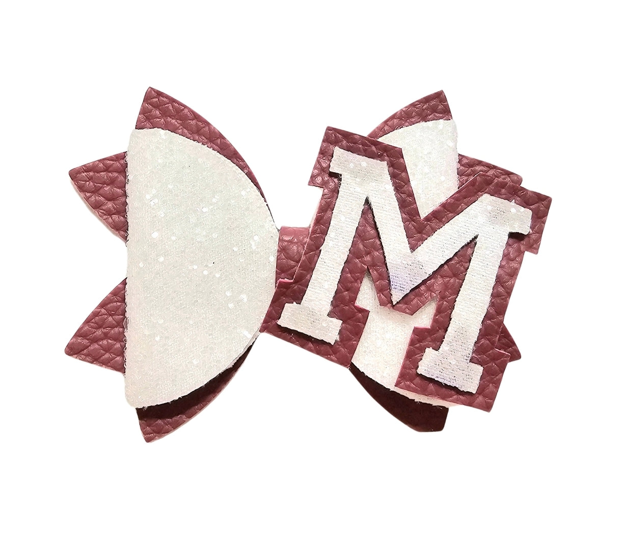 Handmade faux leather Letter M hair bow with glitter initial for girls, perfect for school, birthdays, and everyday wear.