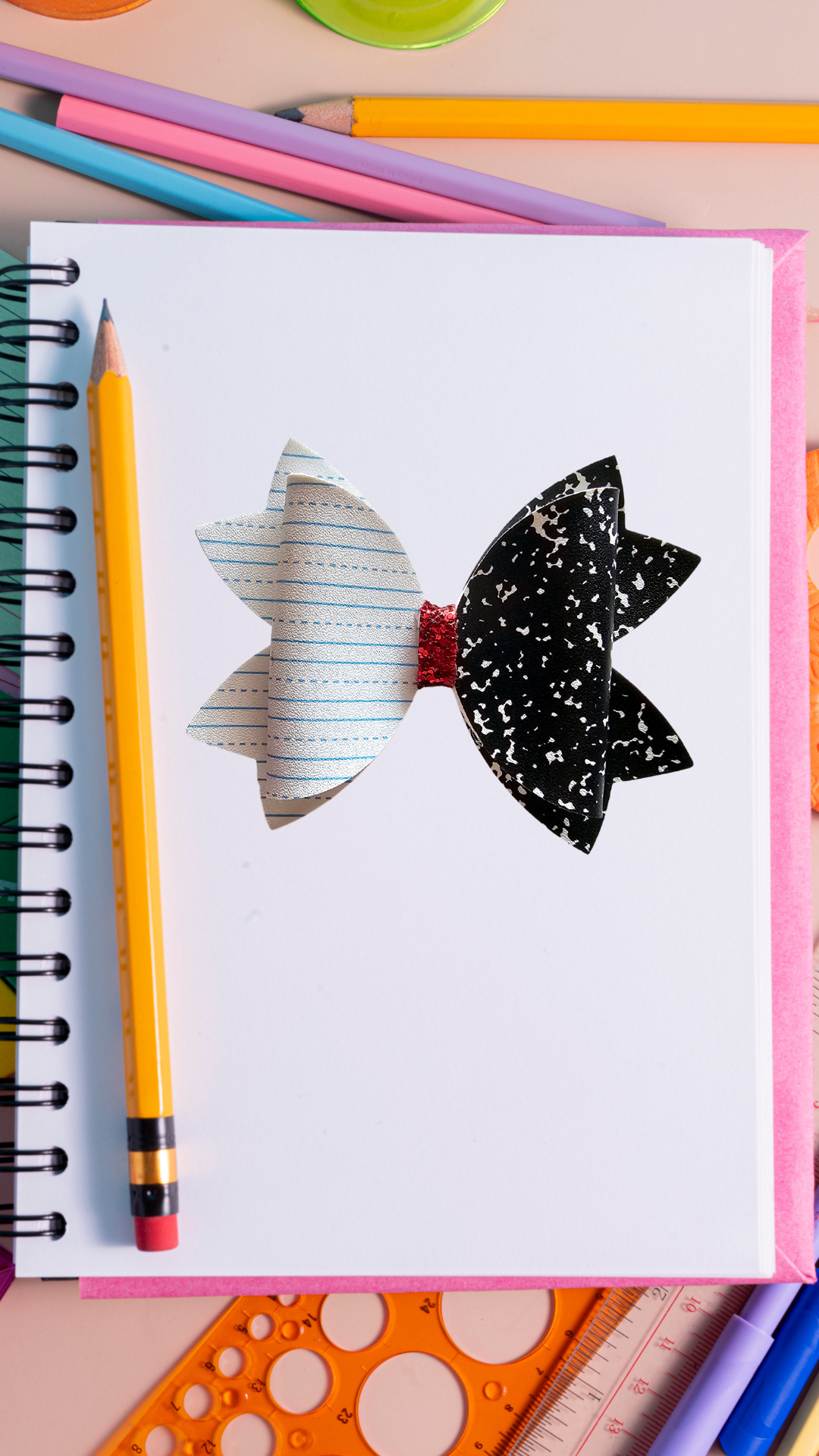 Handmade notebook paper hair bow for girls, perfect for back-to-school outfits, picture day, and everyday school wear.