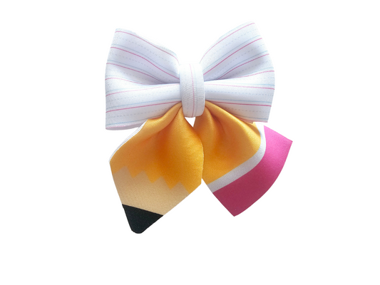 Handmade paper and pencil ponytail holder for girls, perfect for back-to-school outfits, picture day, and the first day of school.