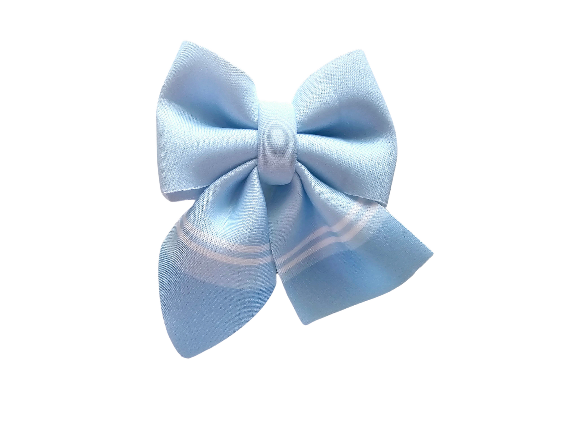 Handmade pastel blue crayon hair bow ponytail holder for girls, perfect for back-to-school outfits and the first day of school.